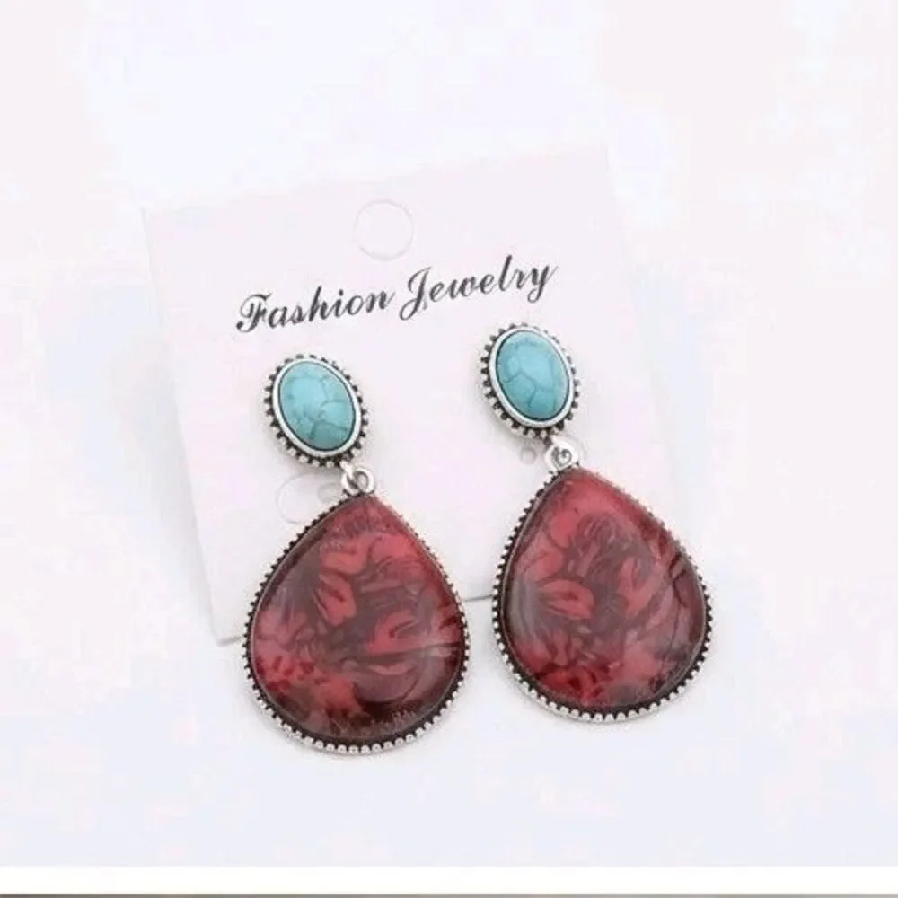 Southwestern Style Teardrop Earrings - Turquoise & Red Marble Pattern